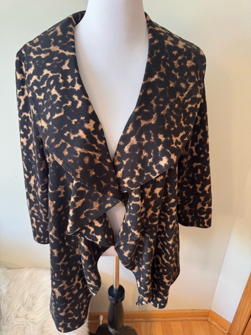 Calvin Klein Leopard-Print Open Cardigan in Black and Tan